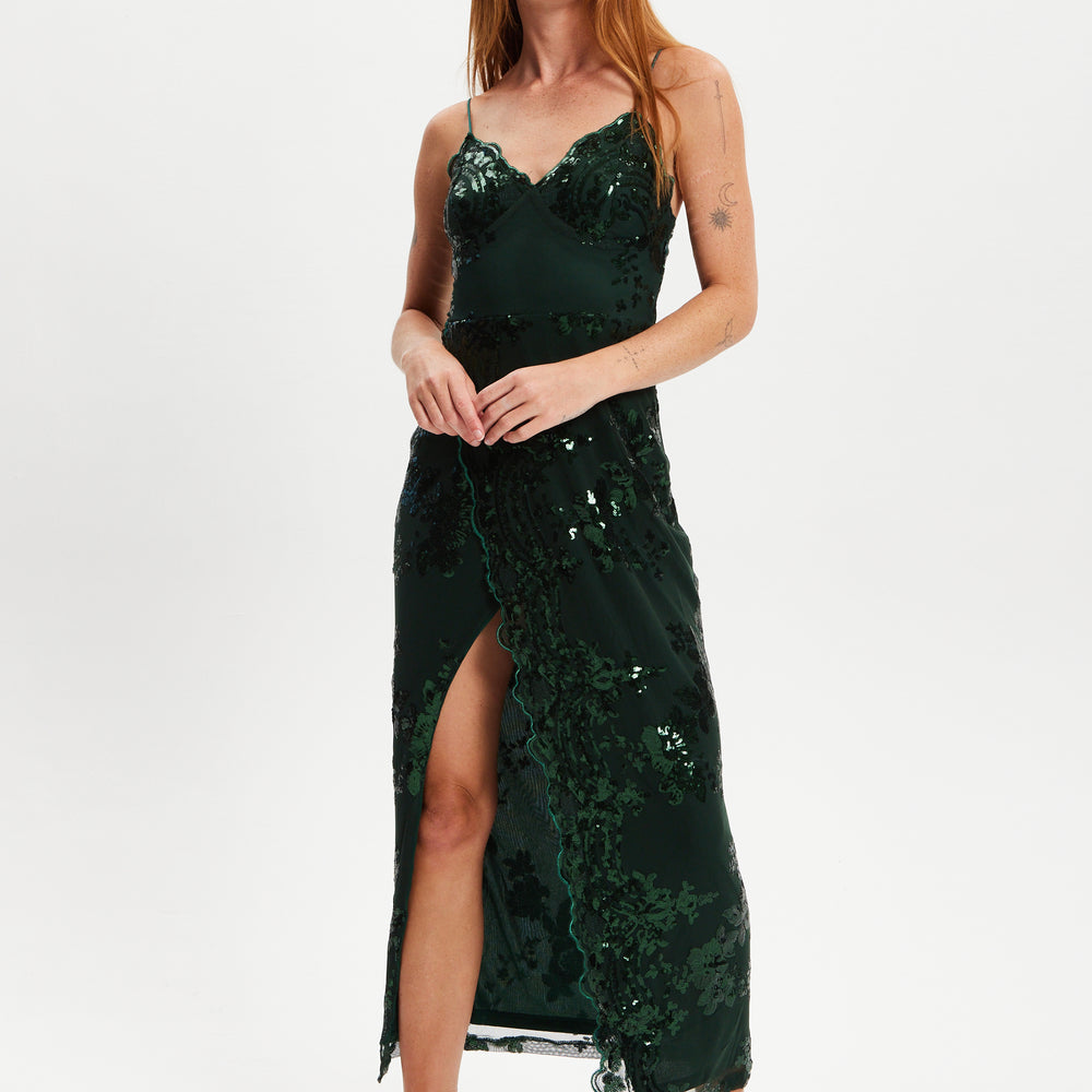 
                  
                    Liquorish Forest Green Sequin Maxi Dress With Long Slit
                  
                