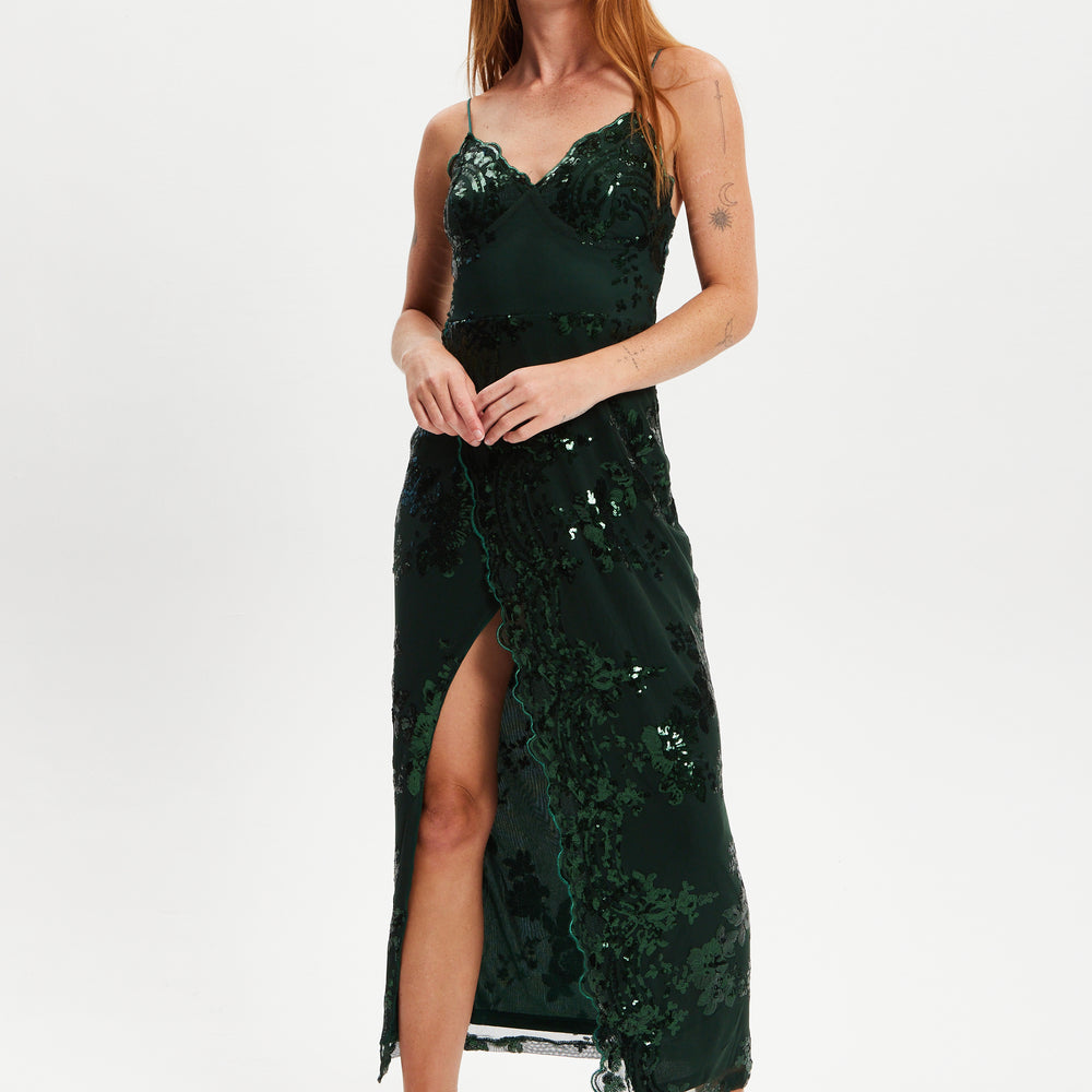 Women's Maxi Dress with Long Slit and Slim Fit in Forest Green Sequin Liquorish Online Women's Maxi Dress with Long Slit and Slim Fit in Forest Green Sequin Liquorish Online