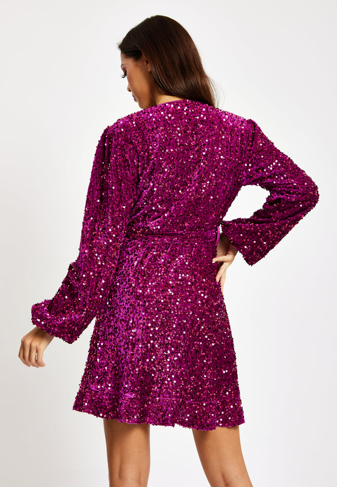 Liquorish Pink Sequin Velvet Mini Wrap Dress