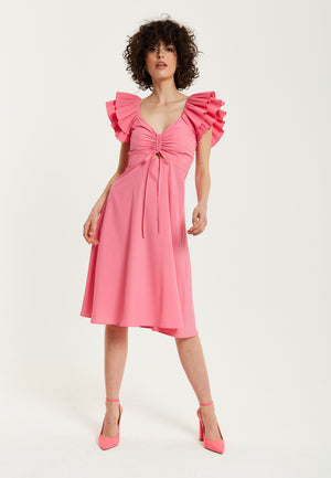 Liquorish Frill Sleeves Midi Dress in Pink With Ruching Front