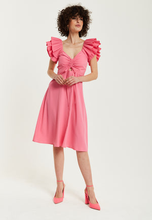 Liquorish Frill Sleeves Midi Dress in Pink With Ruching Front