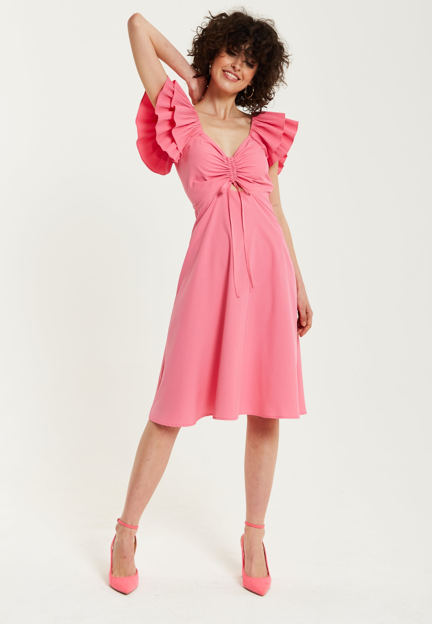
                  
                    Liquorish Frill Sleeves Midi Dress in Pink With Ruching Front
                  
                