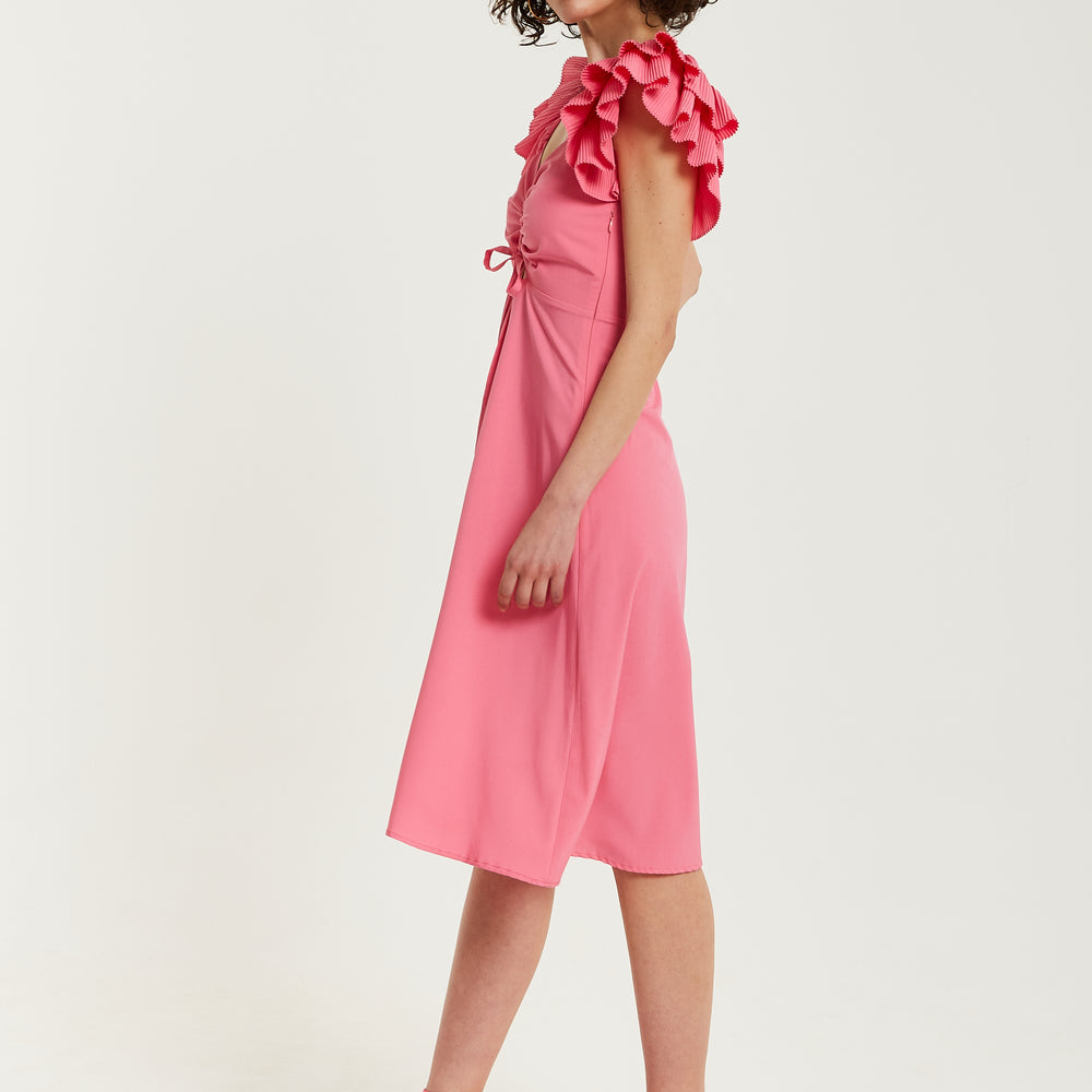 
                  
                    Liquorish Frill Sleeves Midi Dress in Pink With Ruching Front
                  
                