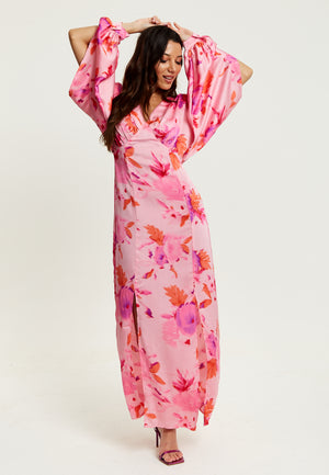 Liquorish Floral Print Maxi Dress In Pink With Sleeve Slits