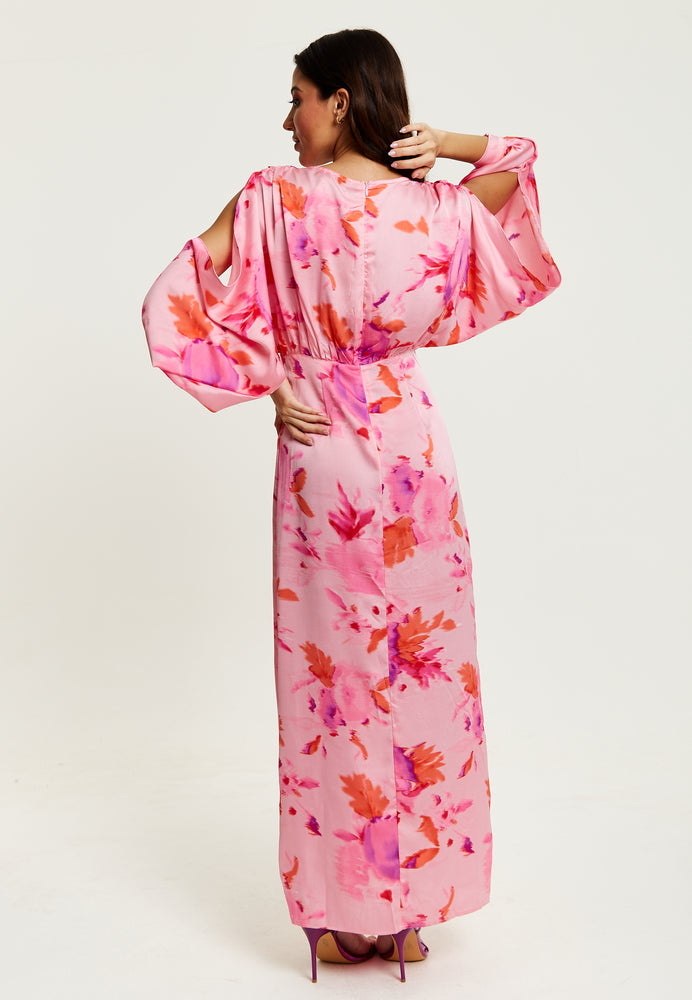 Liquorish Floral Print Maxi Dress In Pink With Sleeve Slits
