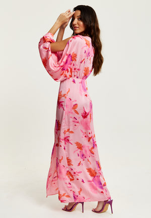 Liquorish Floral Print Maxi Dress In Pink With Sleeve Slits