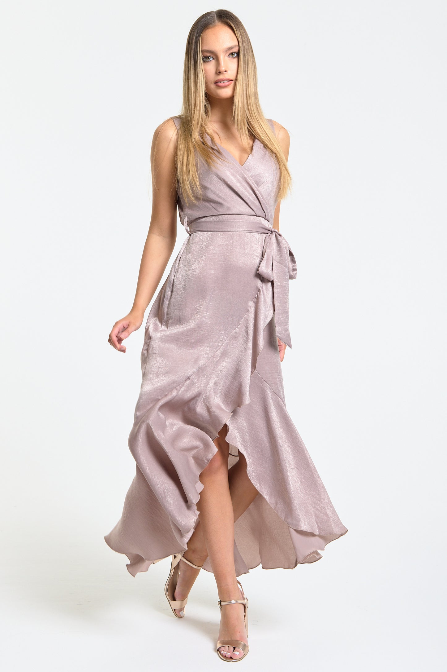 
                  
                    Dusty Pink Satin Wrap Maxi Dress
                  
                
