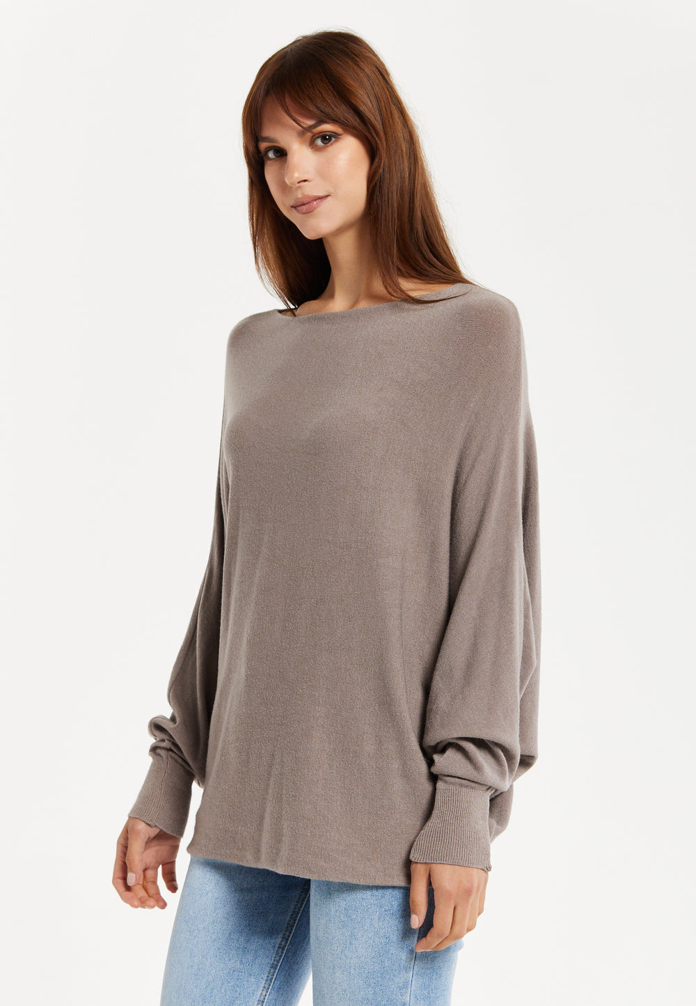 Liquorish Women's Jumper Beige Soft Knit with Batwing Sleeves - Effortless Elegance