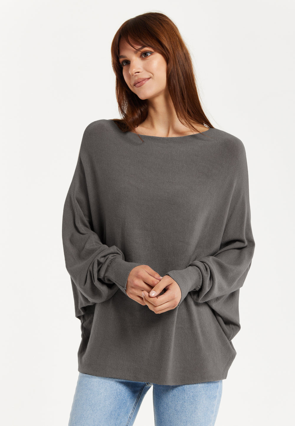 Liquorish Women's Jumper Grey Soft with Batwing Sleeves - Elegant Relaxed Fit and Wide Boat Neckline