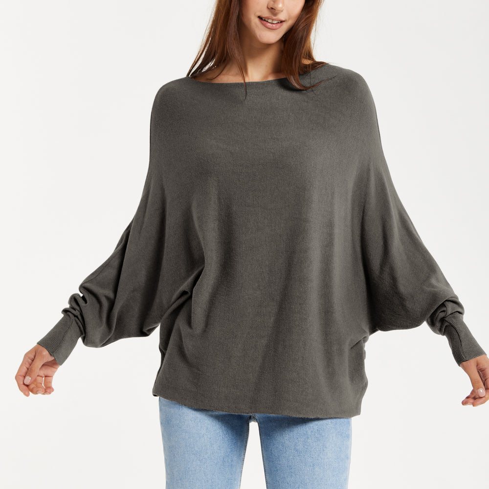 
                  
                    Liquorish Women's Jumper Grey Soft with Batwing Sleeves - Elegant Relaxed Fit and Wide Boat Neckline
                  
                