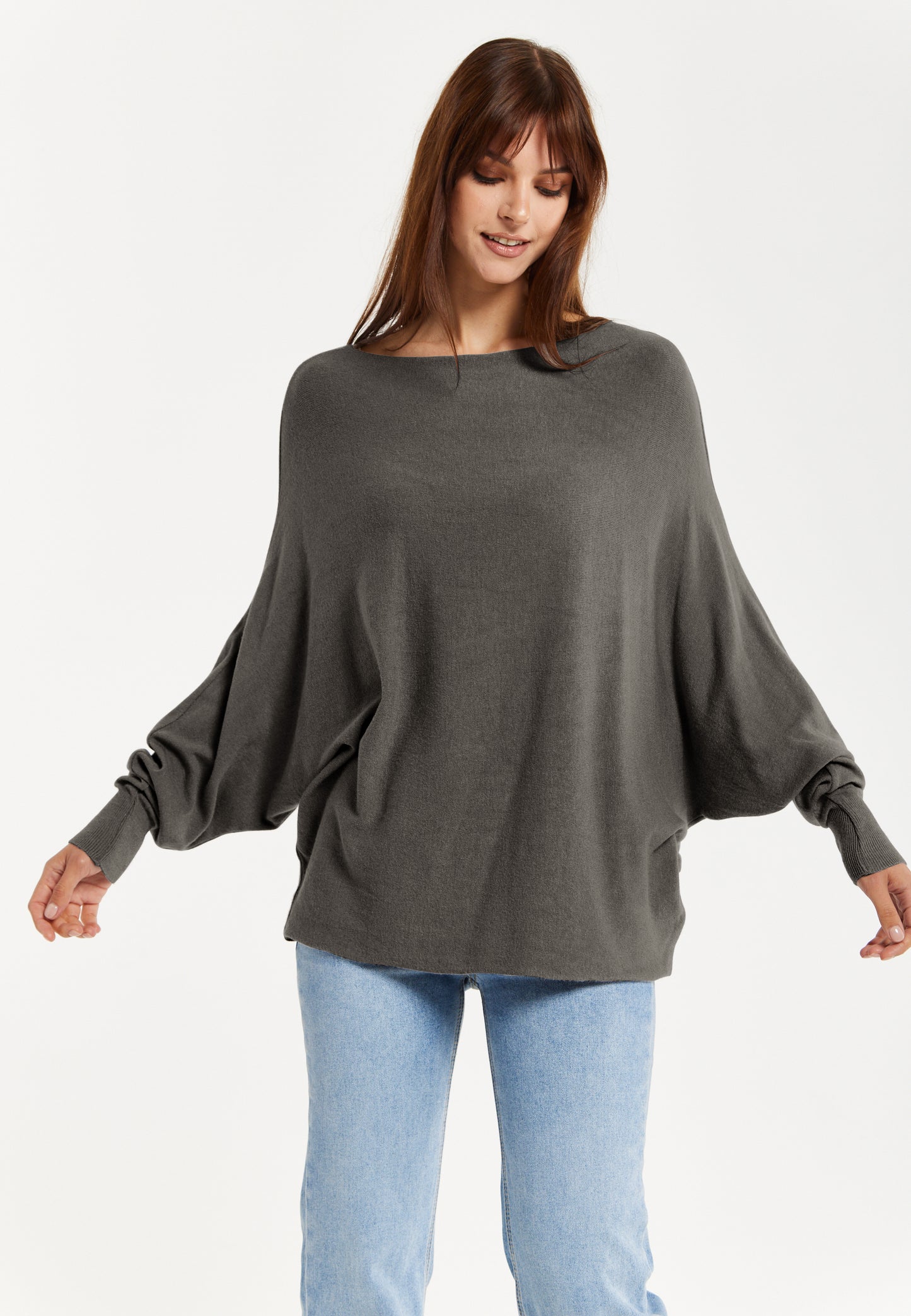 
                  
                    Liquorish Women's Jumper Grey Soft with Batwing Sleeves - Elegant Relaxed Fit and Wide Boat Neckline
                  
                