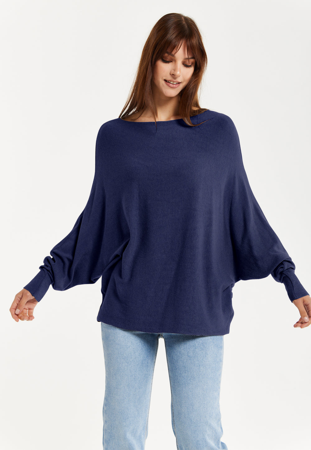 Liquorish Women's Jumper Navy Soft with Batwing Sleeves