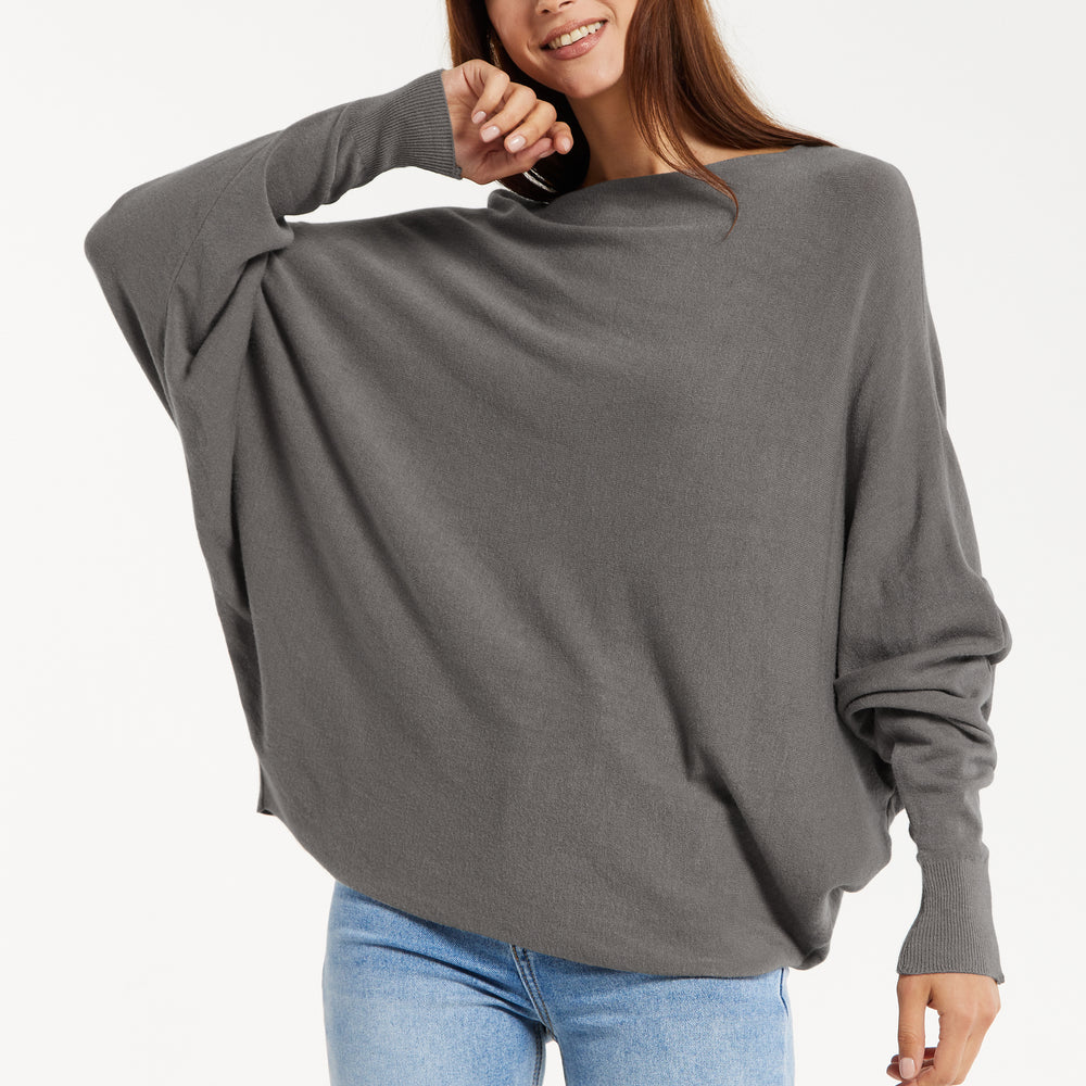 
                  
                    Liquorish Women's Jumper Grey Soft with Batwing Sleeves - Elegant Relaxed Fit and Wide Boat Neckline
                  
                