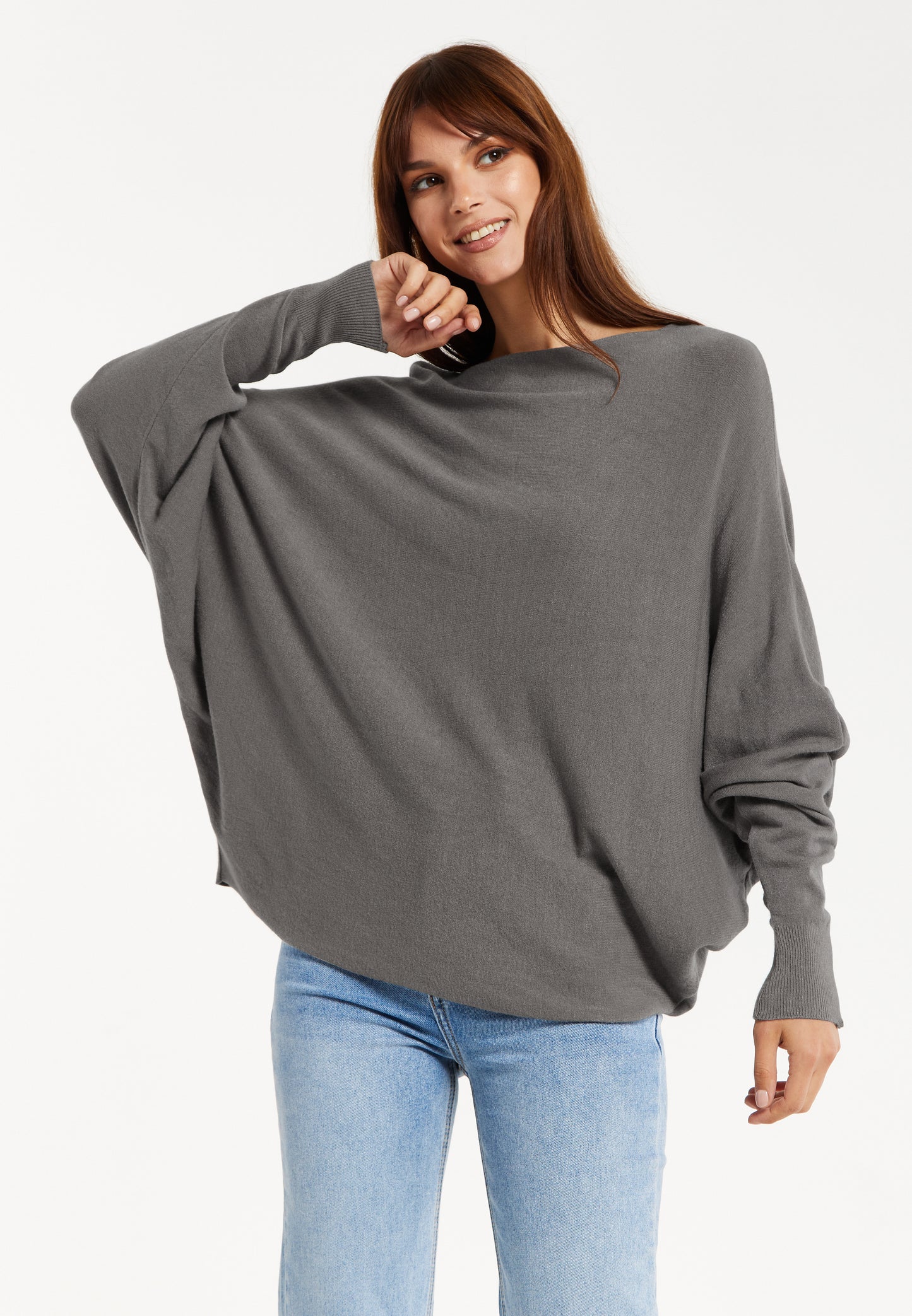 
                  
                    Liquorish Women's Jumper Grey Soft with Batwing Sleeves - Elegant Relaxed Fit and Wide Boat Neckline
                  
                