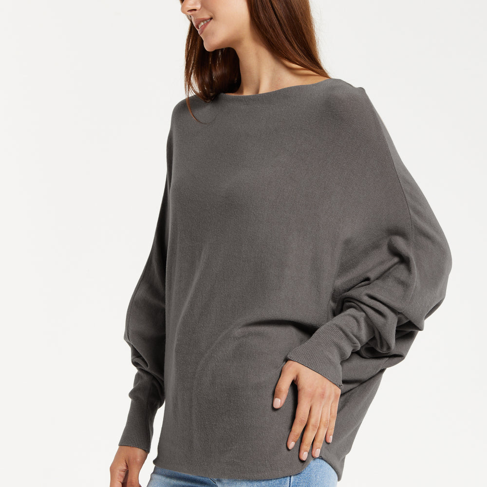 
                  
                    Liquorish Women's Jumper Grey Soft with Batwing Sleeves - Elegant Relaxed Fit and Wide Boat Neckline
                  
                