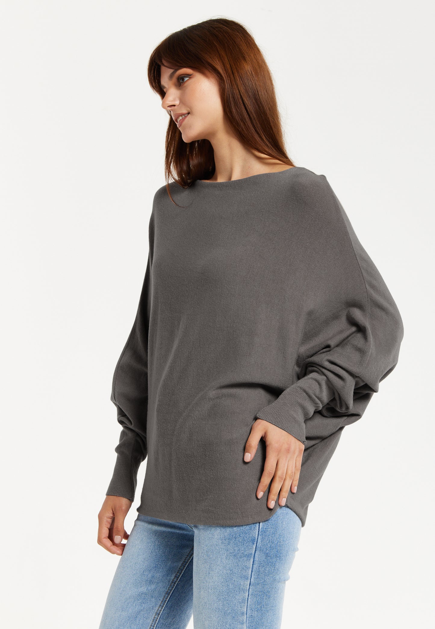 
                  
                    Liquorish Women's Jumper Grey Soft with Batwing Sleeves - Elegant Relaxed Fit and Wide Boat Neckline
                  
                