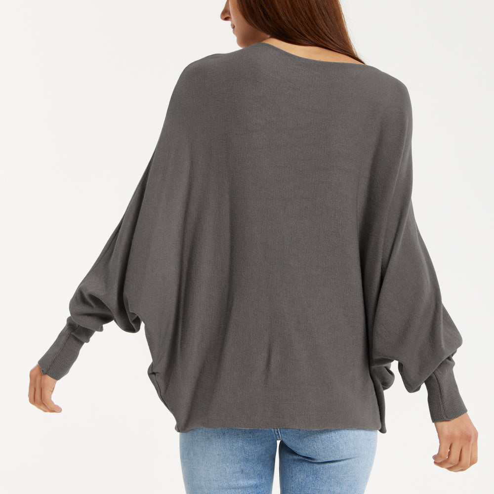 
                  
                    Liquorish Women's Jumper Grey Soft with Batwing Sleeves - Elegant Relaxed Fit and Wide Boat Neckline
                  
                