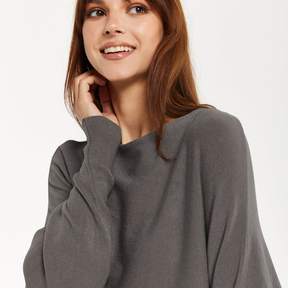 
                  
                    Liquorish Women's Jumper Grey Soft with Batwing Sleeves - Elegant Relaxed Fit and Wide Boat Neckline
                  
                