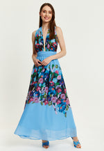Liquorish Floral Print Deep V Neck Multiway Maxi Dress in Blue