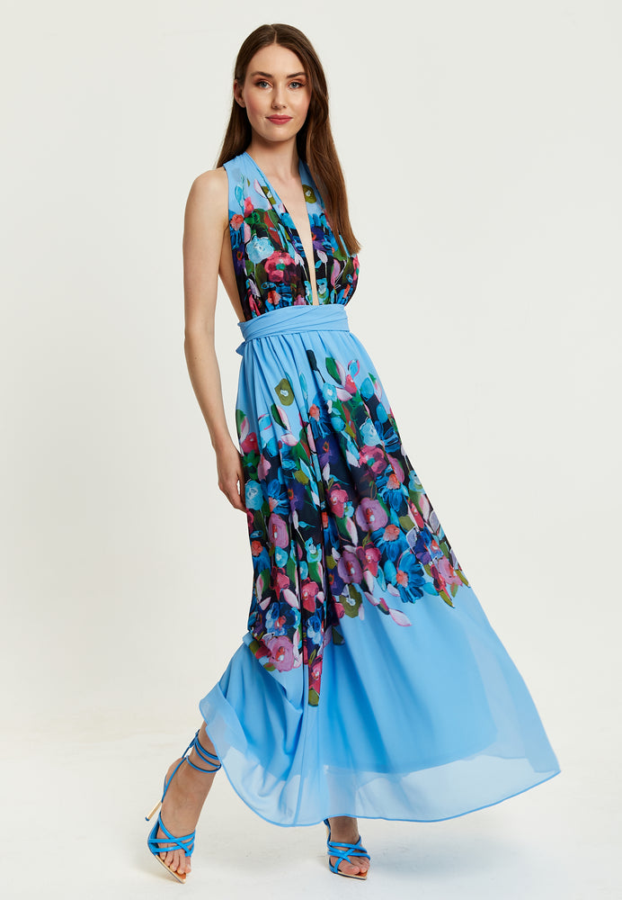 Liquorish Floral Print Deep V Neck Multiway Maxi Dress in Blue