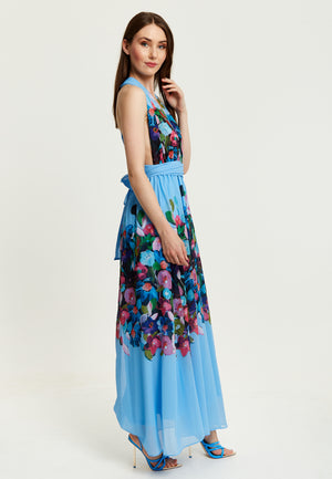 Liquorish Floral Print Deep V Neck Multiway Maxi Dress in Blue