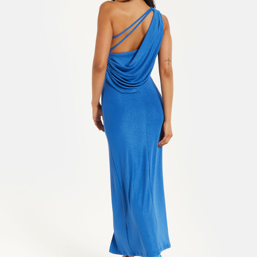 
                  
                    Women's Maxi Dress in Shimmering Blue Lurex with One Shoulder Design and Long Slit - Liquorish
                  
                