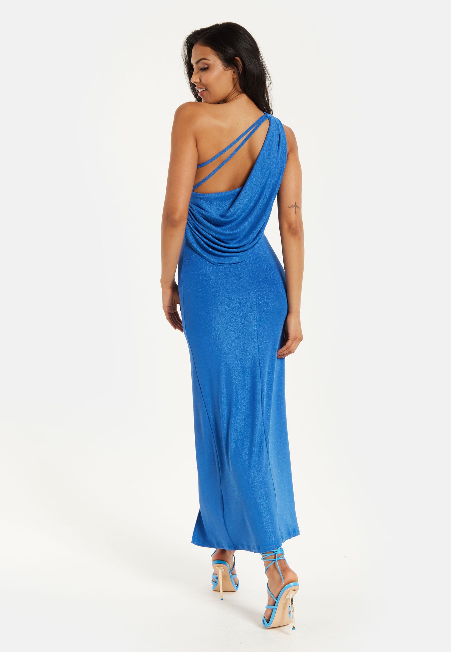 
                  
                    Women's Maxi Dress in Shimmering Blue Lurex with One Shoulder Design and Long Slit - Liquorish
                  
                