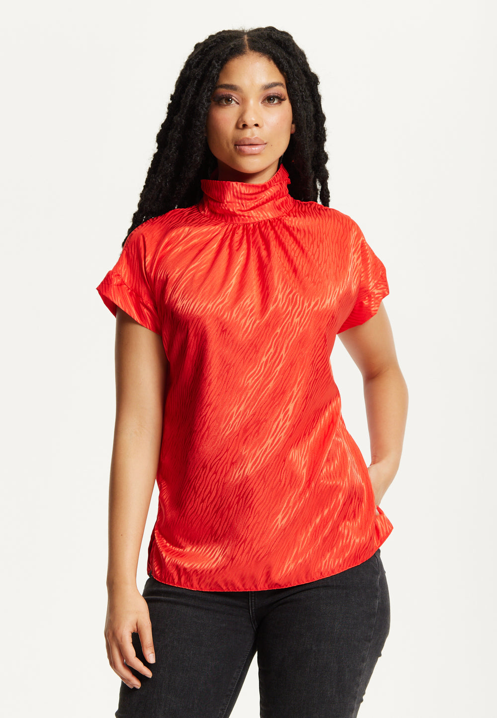 Red Satin Textured High Neck Top