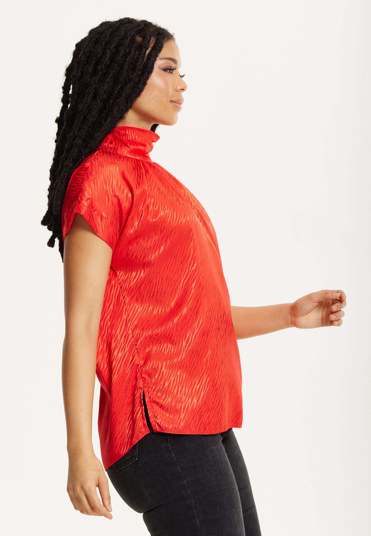 
                  
                    Red Satin Textured High Neck Top
                  
                