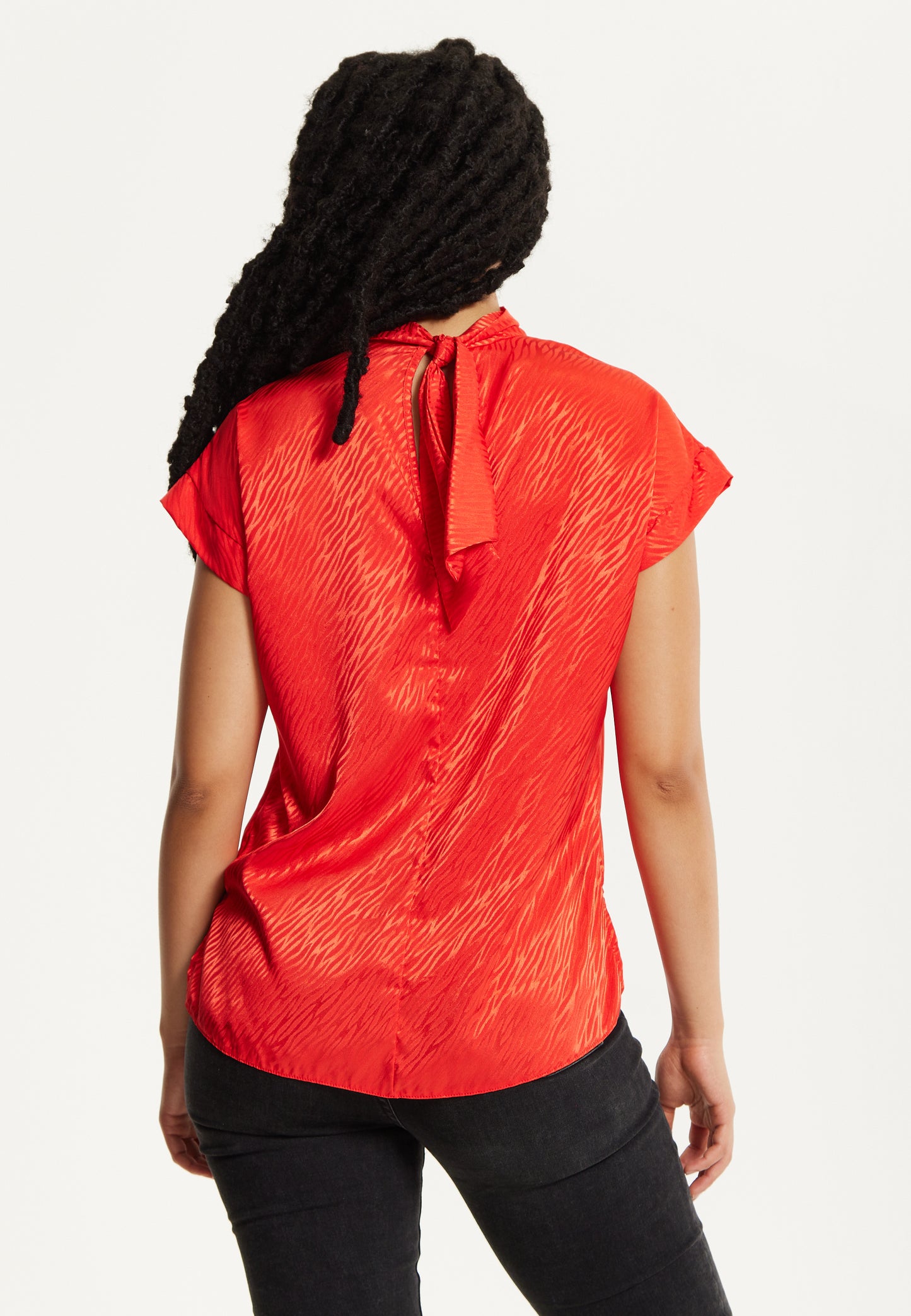 
                  
                    Red Satin Textured High Neck Top
                  
                