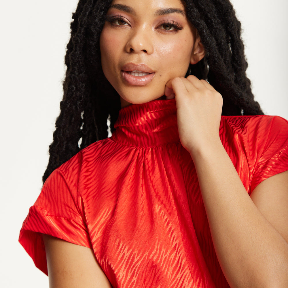 
                  
                    Red Satin Textured High Neck Top
                  
                