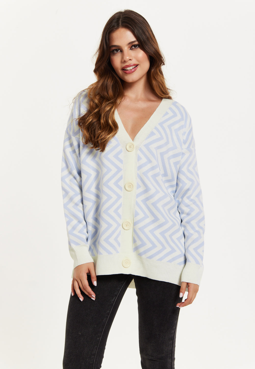 Zig Zag Pattern Cardigan Blue&White