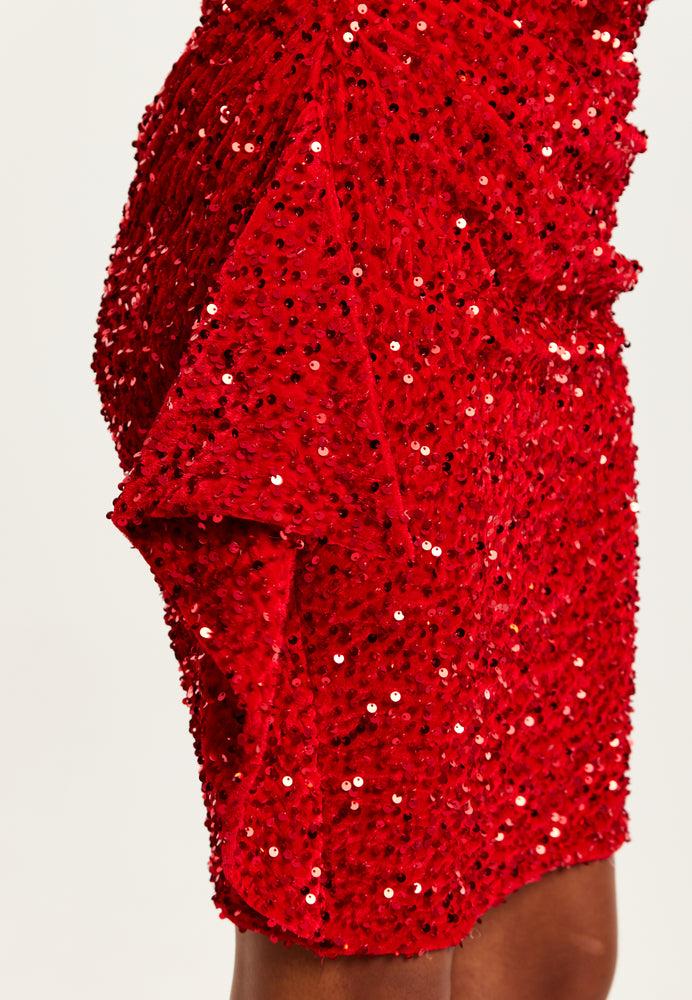 Liquorish Red Sequin Velvet One Shoulder Mini Dress