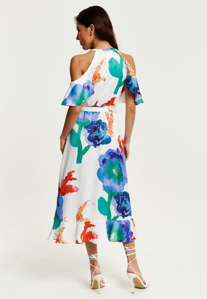 Liquorish Floral Print White Based Midi Wrap Dress With Long Sleeves