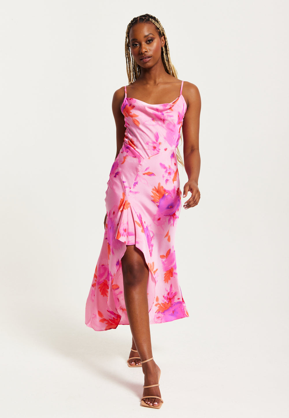 Liquorish Cowl Neck Maxi Floral Print Dress in Pink