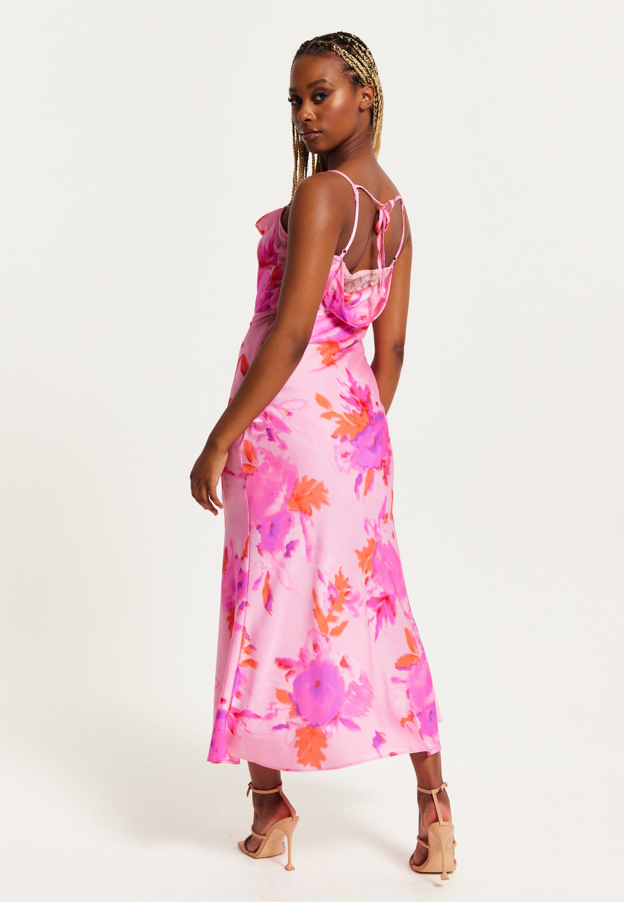 Women s Maxi Dress in Pink with Cowl Neck Floral Print Lace Detail Liquorish Online