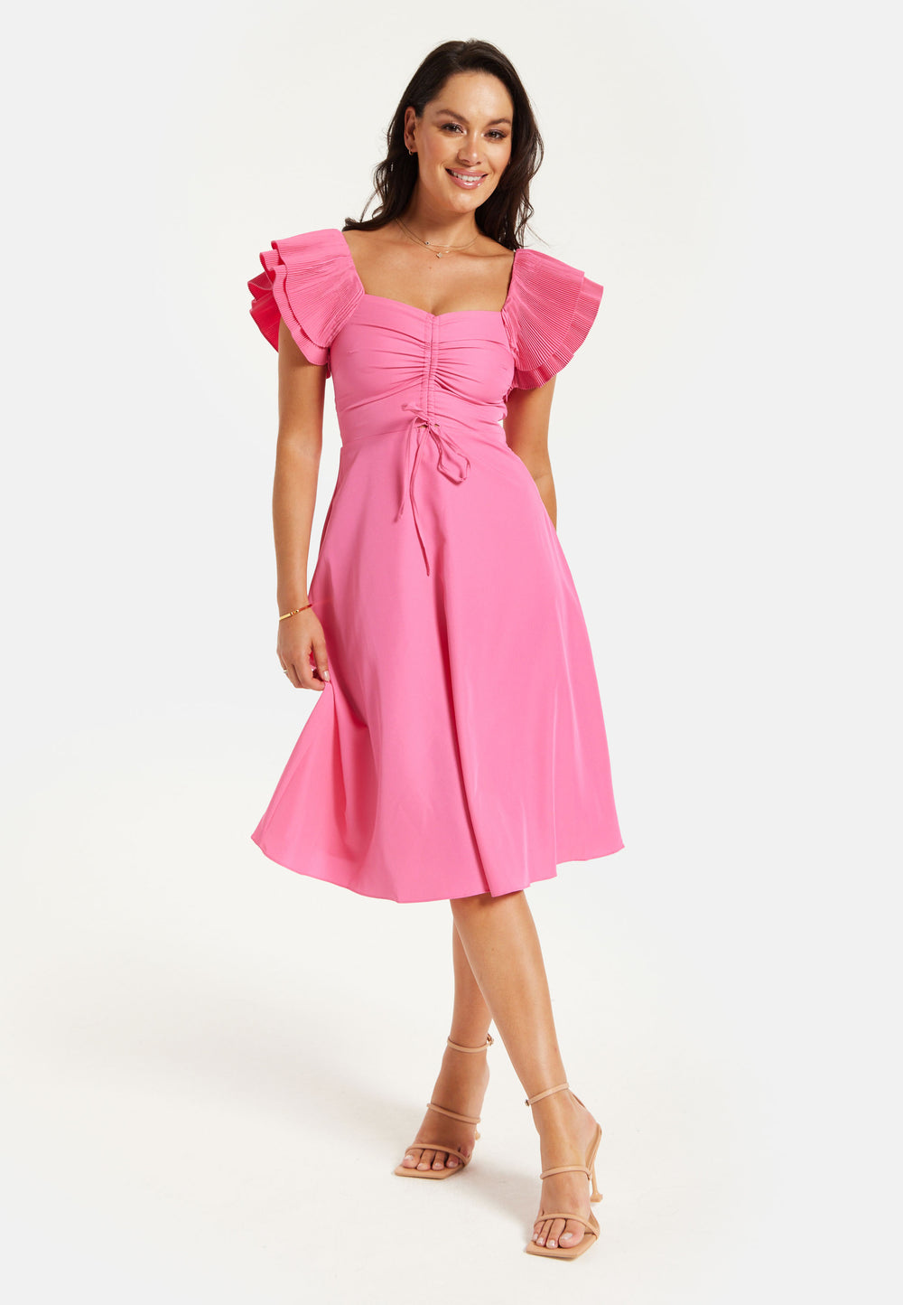 Liquorish Frill Sleeves Midi Dress in Pink With Ruching Front