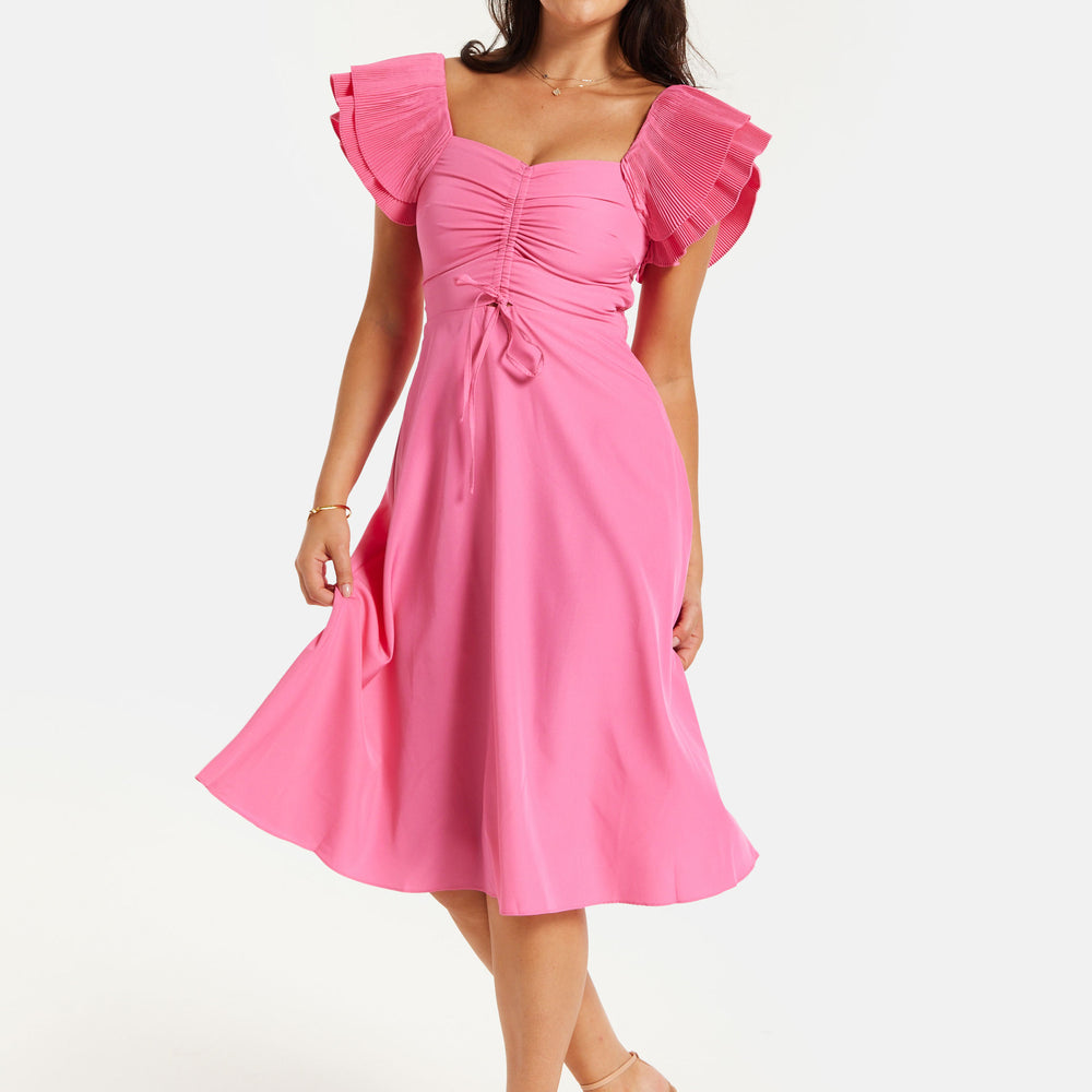 
                  
                    Women's Midi Dress with Frill Sleeves and Ruching Front in Pink - Regular Fit by Liquorish
                  
                