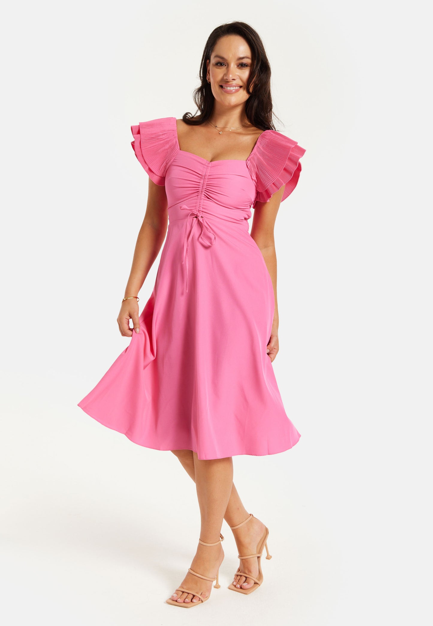 
                  
                    Liquorish Frill Sleeves Midi Dress in Pink With Ruching Front
                  
                