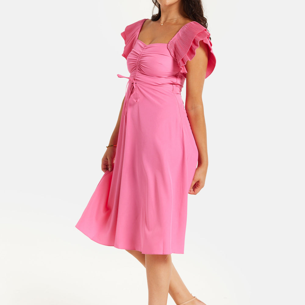 
                  
                    Women's Midi Dress with Frill Sleeves and Ruching Front in Pink - Regular Fit by Liquorish
                  
                