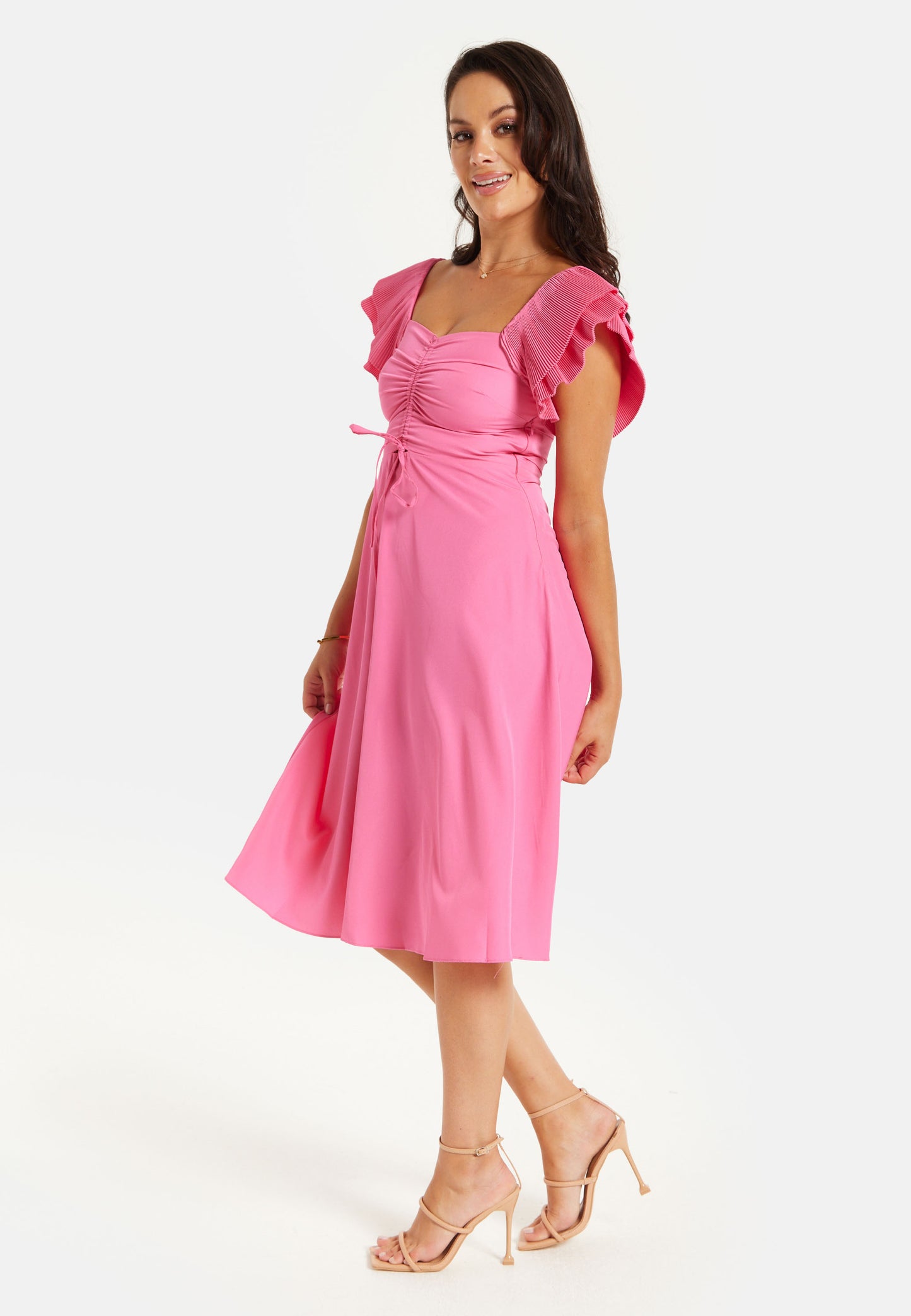 
                  
                    Liquorish Frill Sleeves Midi Dress in Pink With Ruching Front
                  
                