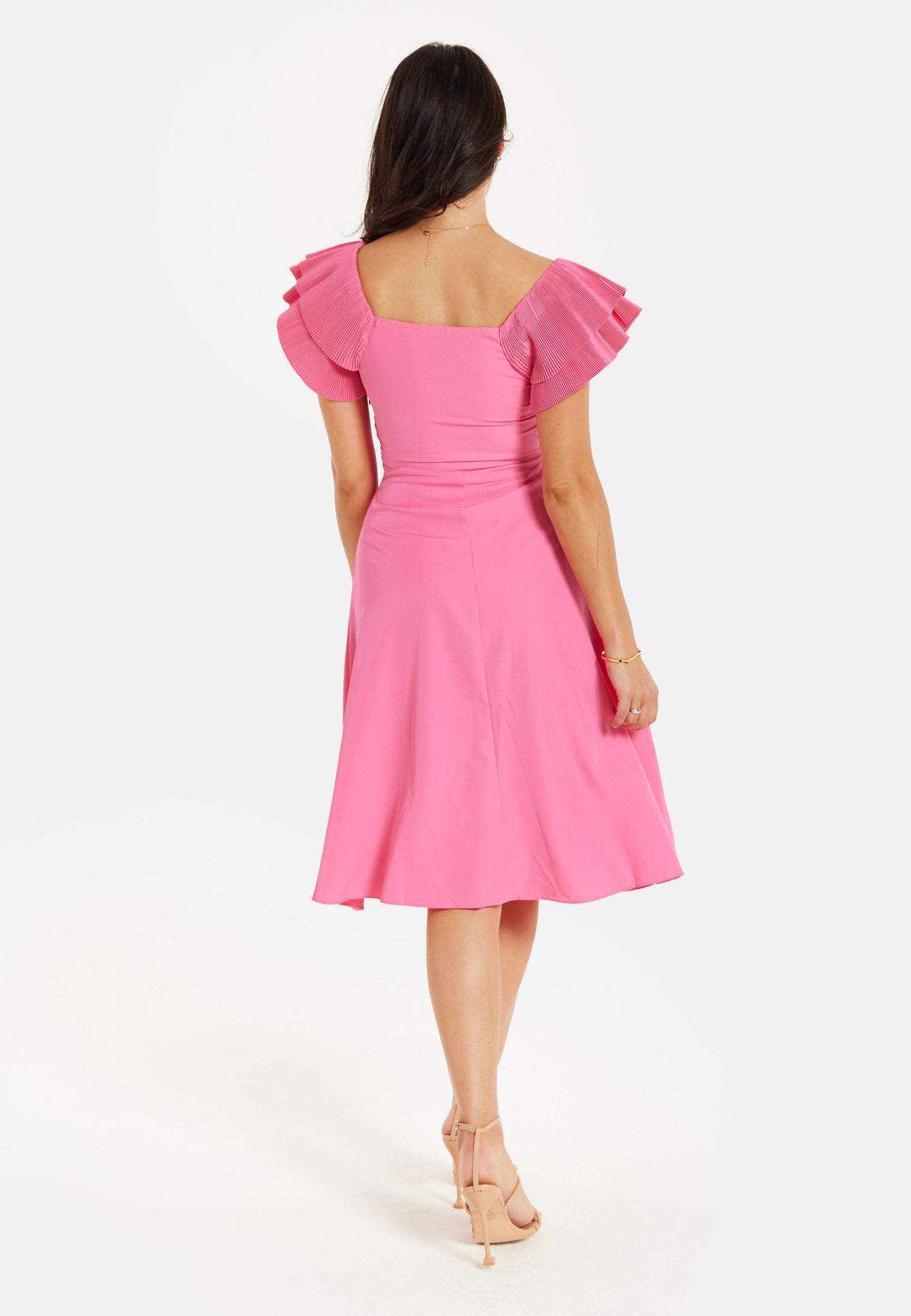 
                  
                    Liquorish Frill Sleeves Midi Dress in Pink With Ruching Front
                  
                