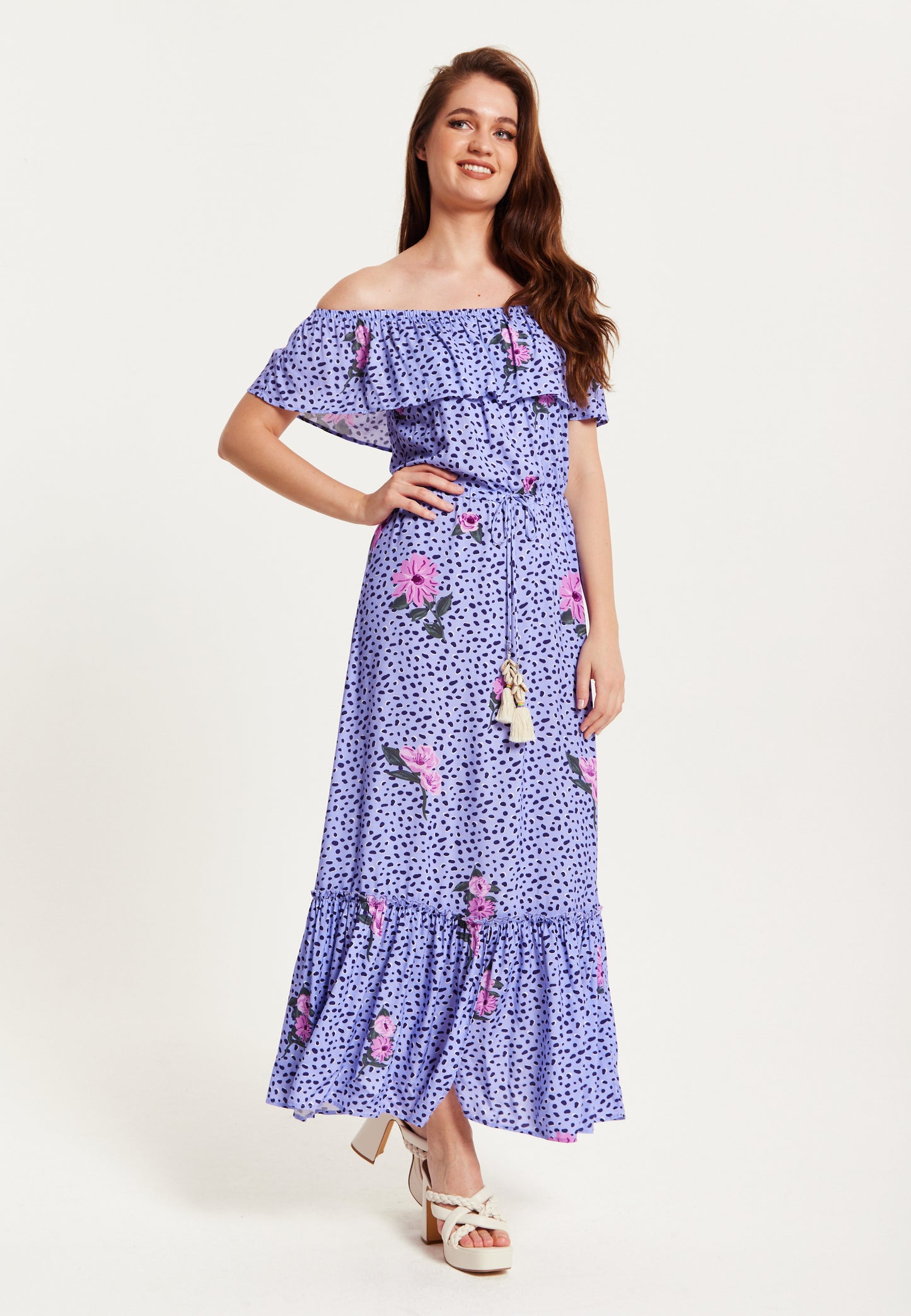
                  
                    Liquorish Animal and Floral Print Off Shoulder Maxi Dress in Purple
                  
                