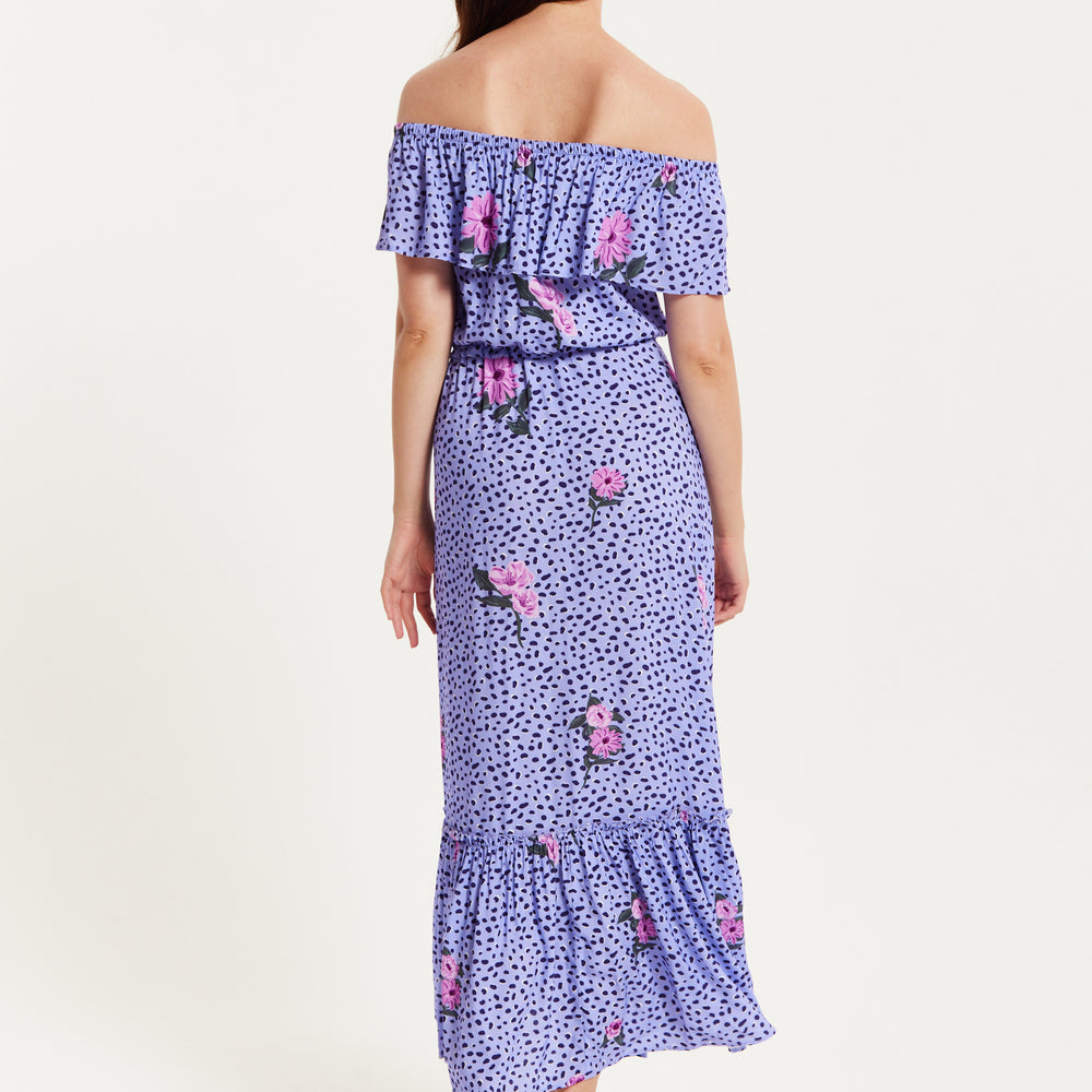 
                  
                    Liquorish Animal and Floral Print Off Shoulder Maxi Dress in Purple
                  
                