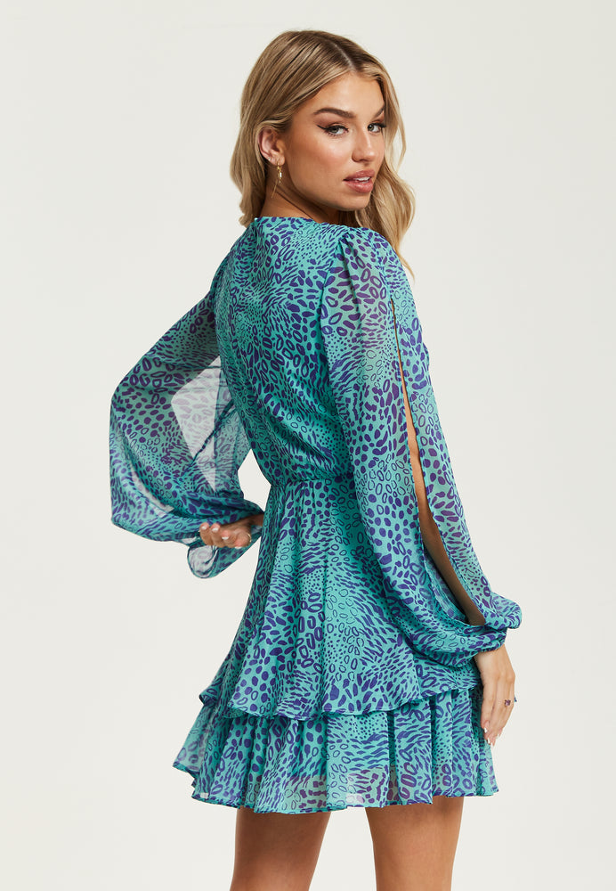 Liquorish Blue V-Neck Leopard Print Knot Front Mini Dress