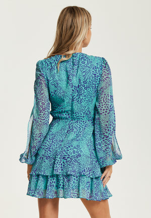 Liquorish Blue V-Neck Leopard Print Knot Front Mini Dress
