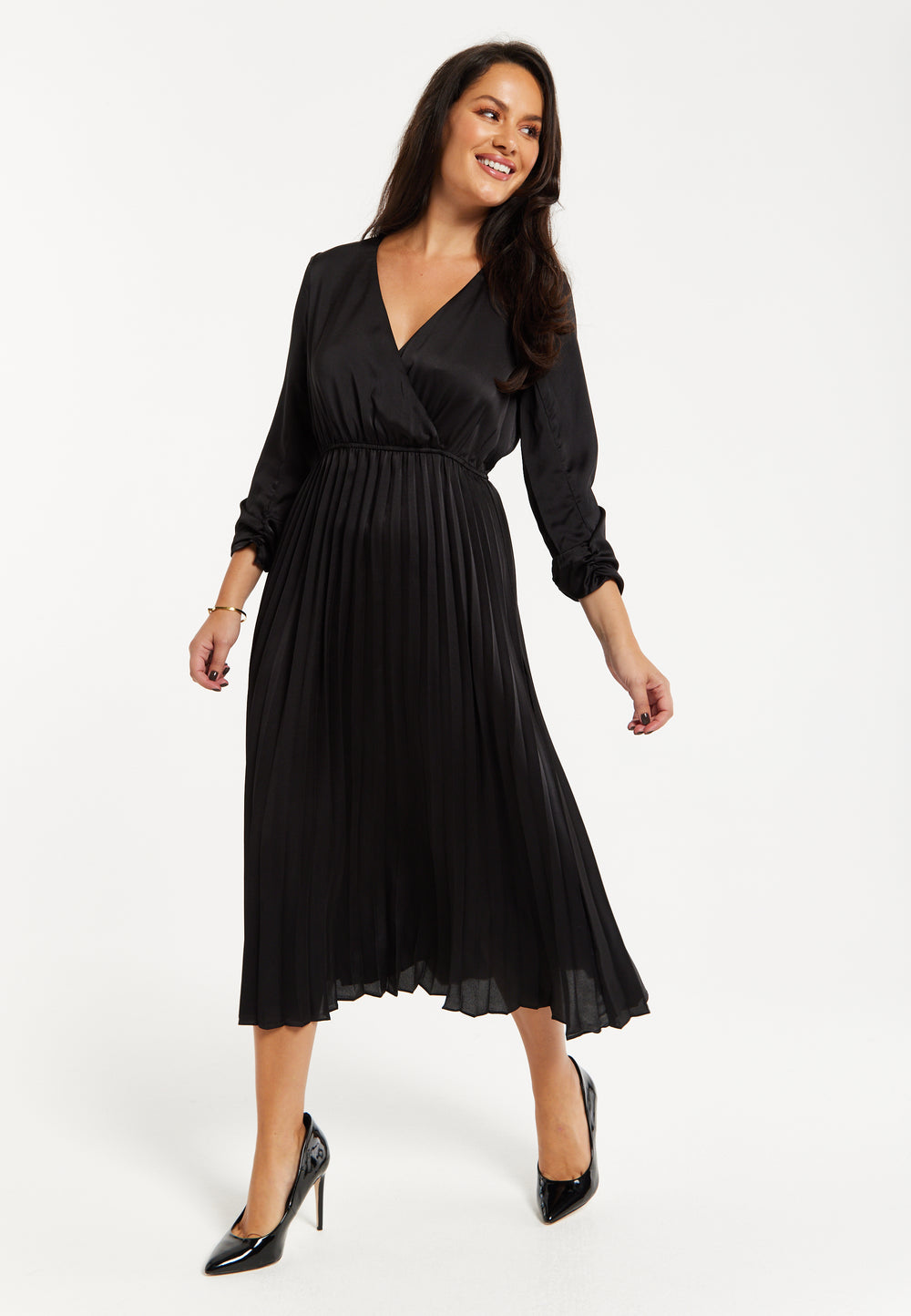 Women's Midi Dress with Pleat Details in Black, V Neck and Sleeveless Design, by Liquorish