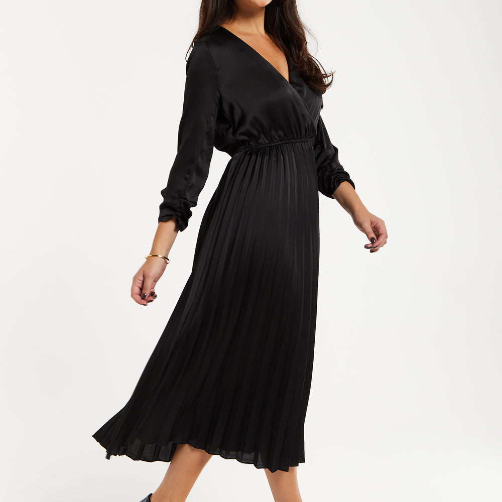 
                  
                    Women's Midi Dress with Pleat Details in Black, V Neck and Sleeveless Design, by Liquorish
                  
                