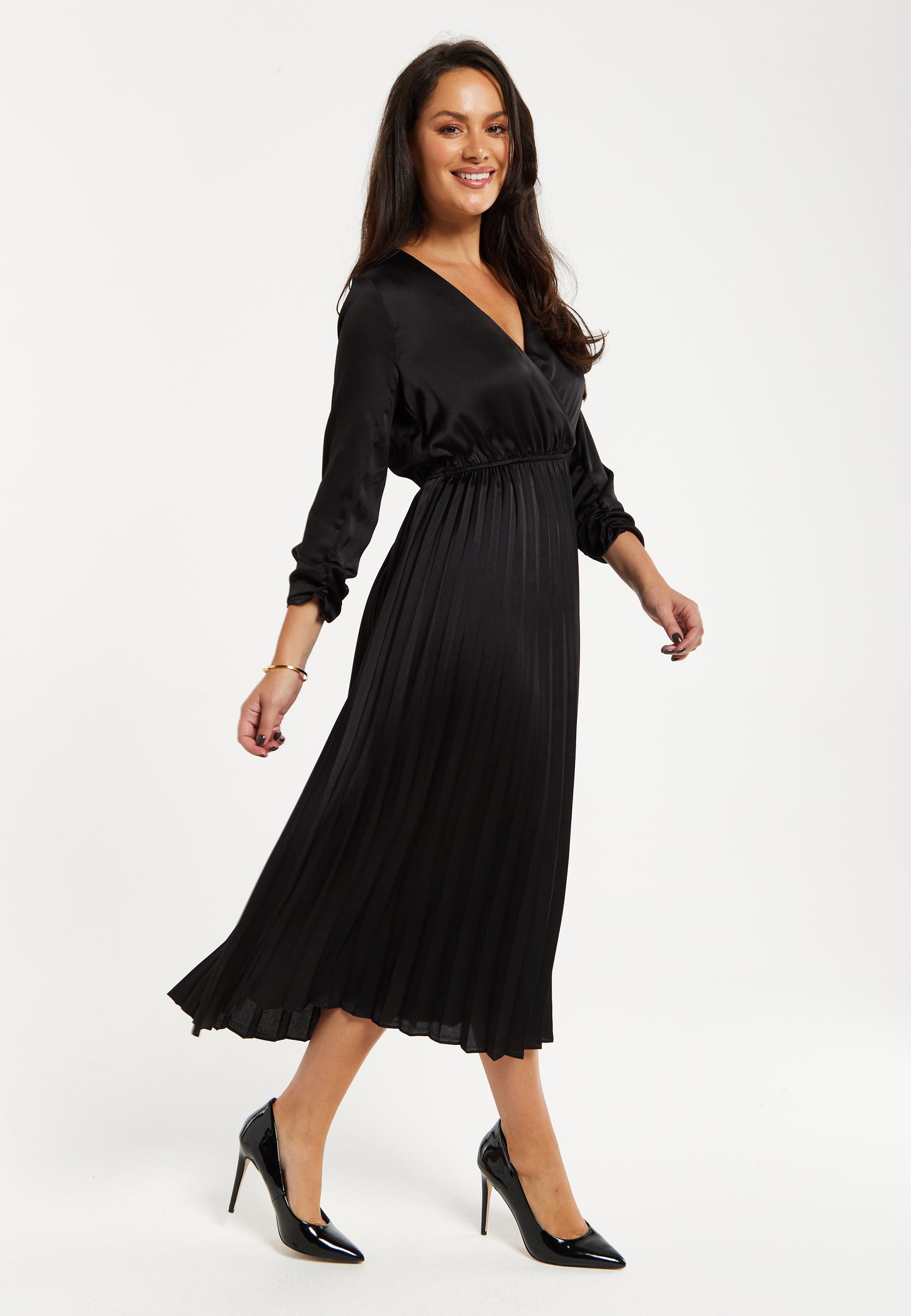 
                  
                    Women's Midi Dress with Pleat Details in Black, V Neck and Sleeveless Design, by Liquorish
                  
                