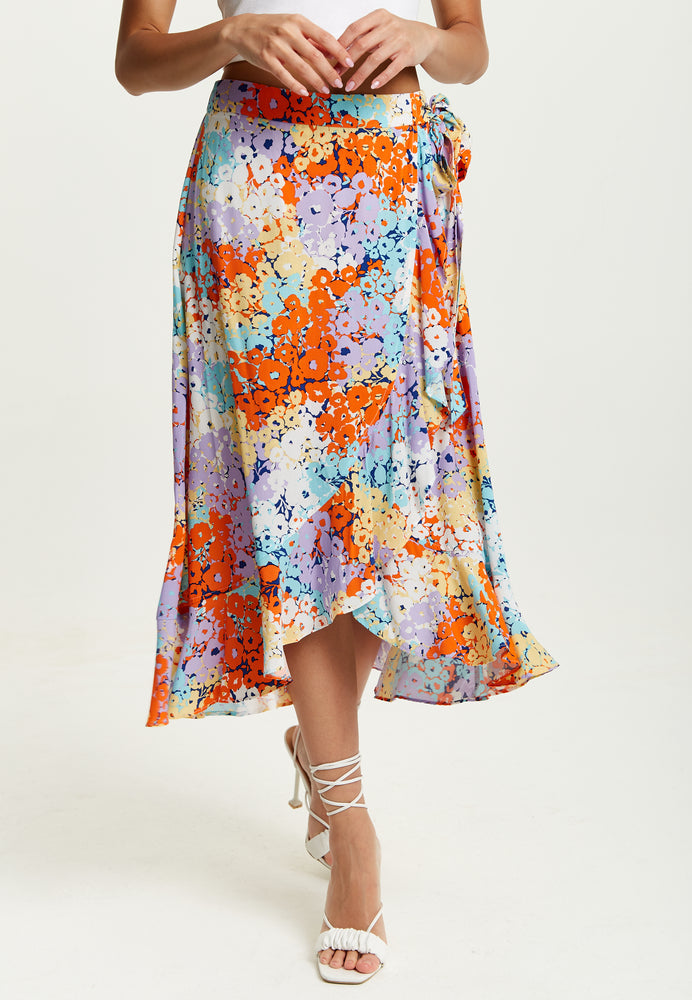 Liquorish Multicolour Floral Print Midi Wrap Skirt